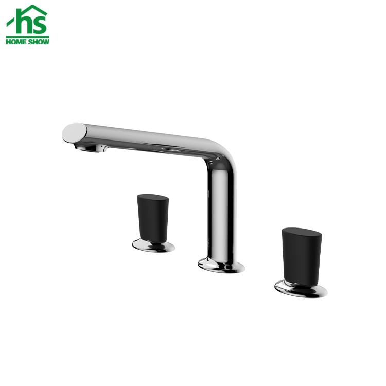 ODM OEM Deck Mounted Chrome with Black Handle 3 Holes Basin Mixer Bath Sink Faucet Factory