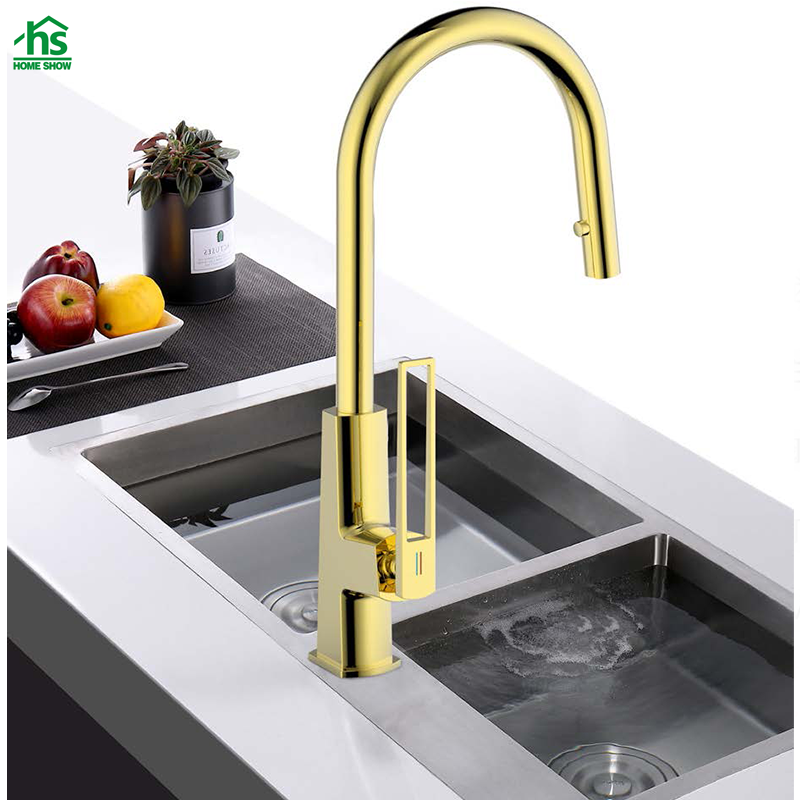 Factory Supply Brass Gold Pull Out Hollow Handle Kitchen Faucet Taps C30 3001