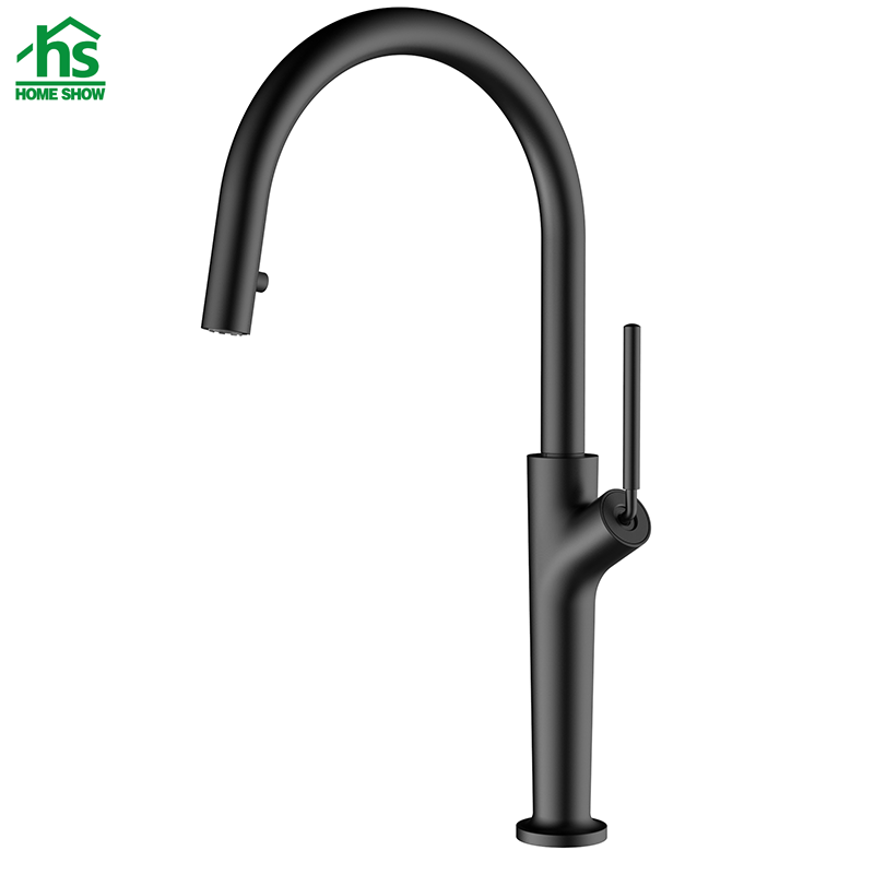 Custom Black Color Single Handle Pull Out Spray Long Neck Brass Kitchen Faucet Mixer Taps C03 1621