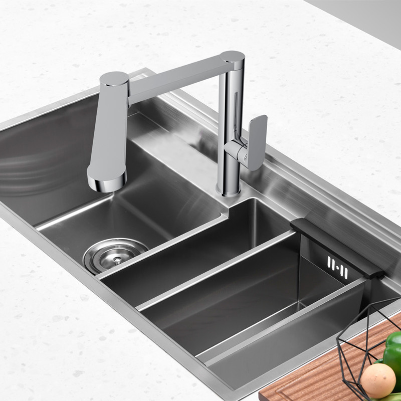 Factory New Customized Brass Chrome Deck Mount Two Spout Fold-able Rotating Kitchen Sink Faucet C03 1765