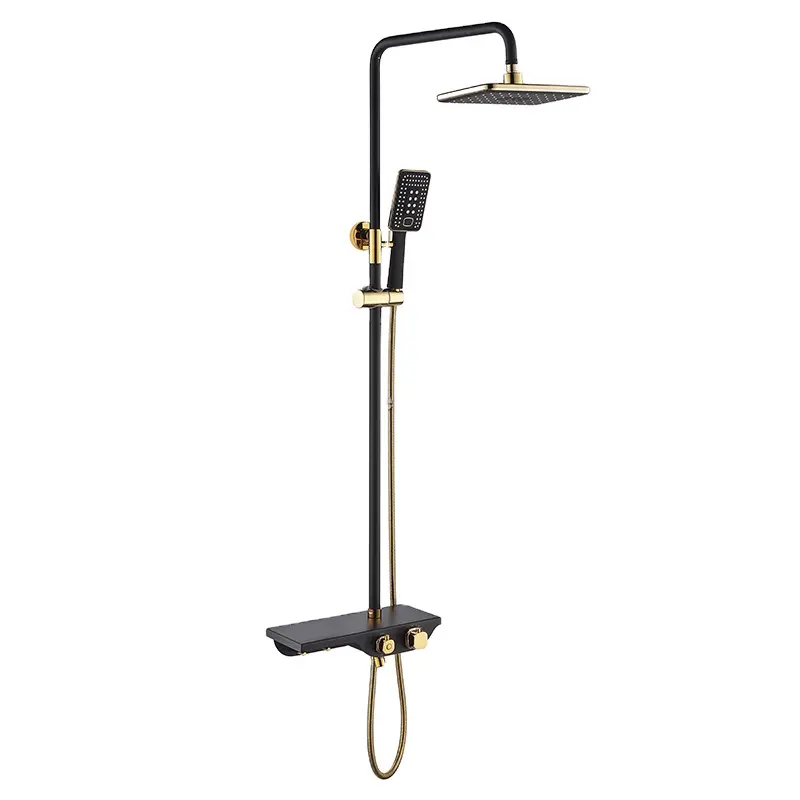 OEM Factory New Design Luxury Black Gold Thermostatic Rain Shower Set with Wide Shelf