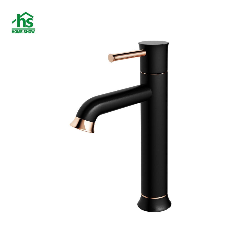 Manufacturer Tall Size Black Single Level Basin Mixer Tap with Rose Gold Handle M45 3003